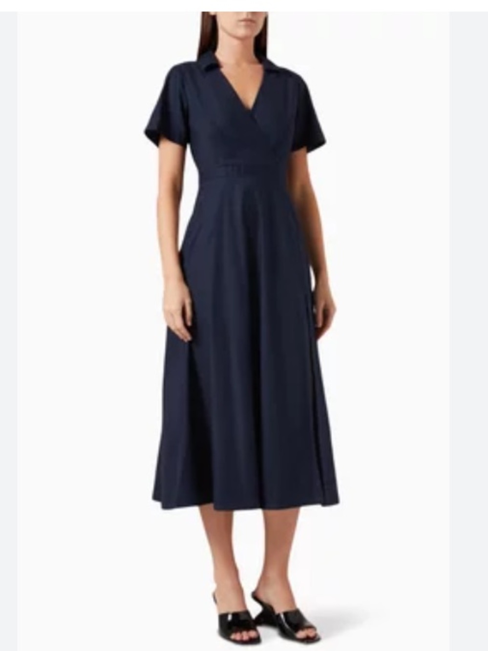 Reformation Isadora Navy Collared V-Neck Midi Dress size 6 organic cotton